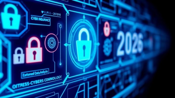 Futuristic display of cybersecurity technologies for 2026, highlighting cyber insurance.