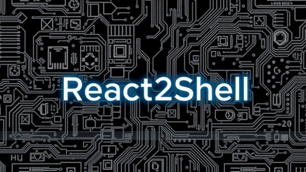 React2Shell vulnerability digital display with tech blueprint backdrop.