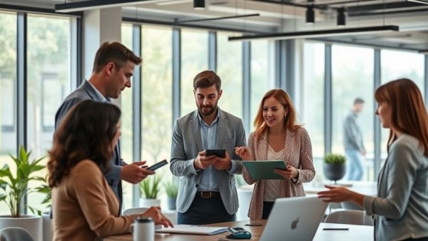 Employees collaborating in a training session in a modern office.