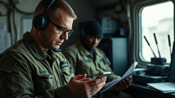 Military personnel using Viber app in secure setting.
