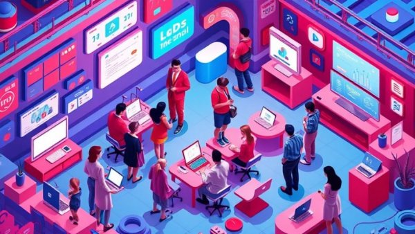 Isometric illustration of customer community platform benefits, digital engagement.