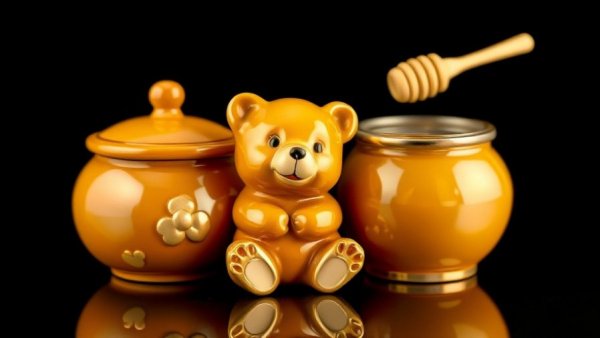 Adorable bear and honey pot with gold accents.