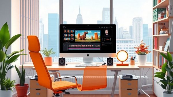 Modern workspace with video editing setup, ideal for beginners.