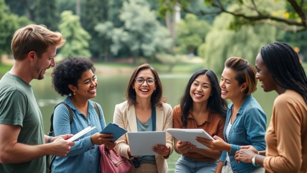 Small group team building activities, diverse people collaborating outdoors.