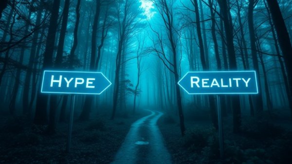 Digital forest path with 'Hype' and 'Reality' signs, illustrating Cybersecurity Predictions 2026.