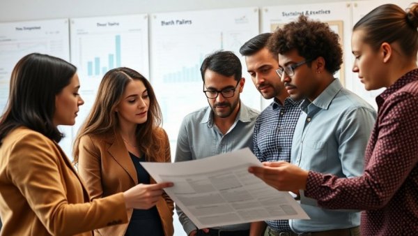 Focused team discussing an employee development plan in office.