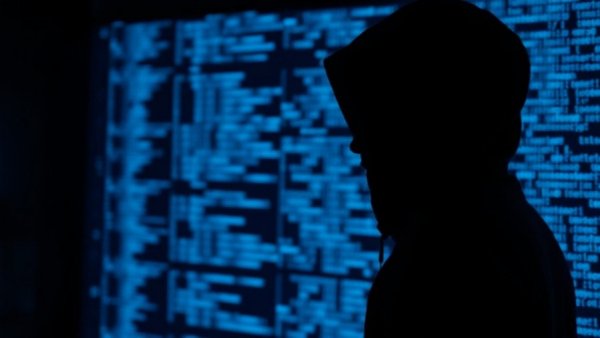 RustyWater RAT hacker analyzing blue code in a dark setup.