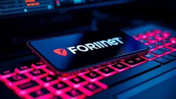 Smartphone with Fortinet logo on RGB keyboard, highlighting FortiSIEM flaw exploit.
