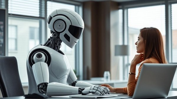 Humanoid robot engaging in office meeting, discussing security.