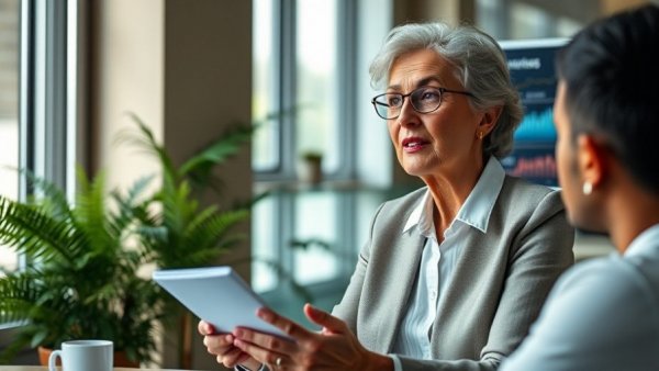 Elderly woman presenting risk reporting in cybersecurity meeting.