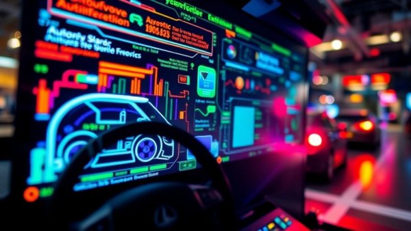 Digital display with colorful graphics highlighting automotive cybersecurity vulnerabilities.