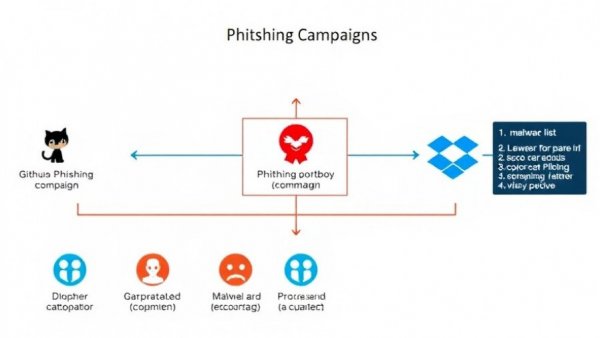 Multi-stage phishing campaign diagram with GitHub and Dropbox icons.