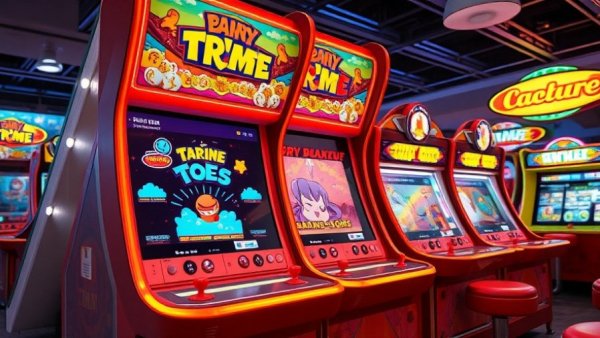 Vibrant arcade game console with colorful panels, playful design.