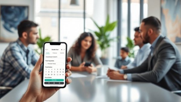 Business meeting in office with background check app.