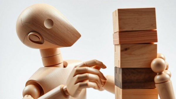 Wooden figure removing block from Jenga tower, symbolizing risk.