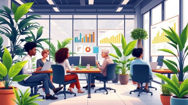 Team discussing user satisfaction surveys in a vibrant office, cartoon.