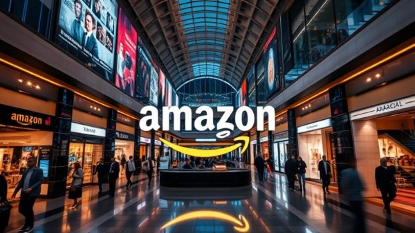 Amazon logo brightly lit in a modern shopping mall, related to Helium 10 Review.
