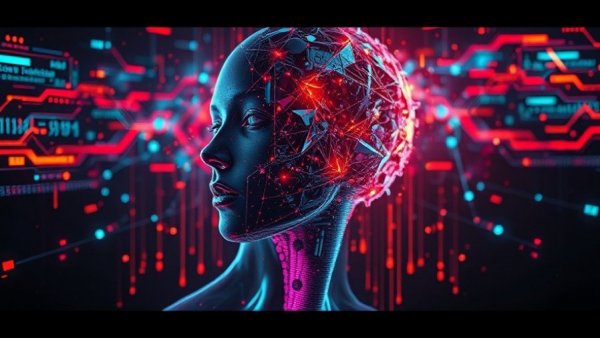 Abstract representation of cyber interference with digital humanoid