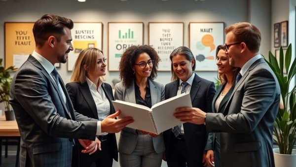 Office team discussing the importance of a workplace handbook in a meeting room.
