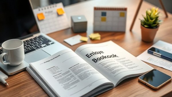 Desk setup with employee handbook for small business.