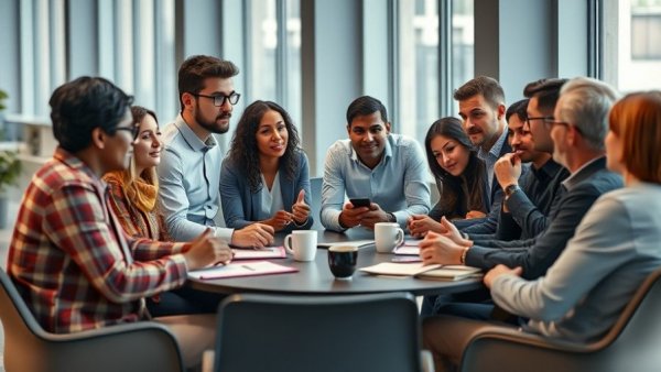 Colleagues discussing factors of workplace conflict at a table.