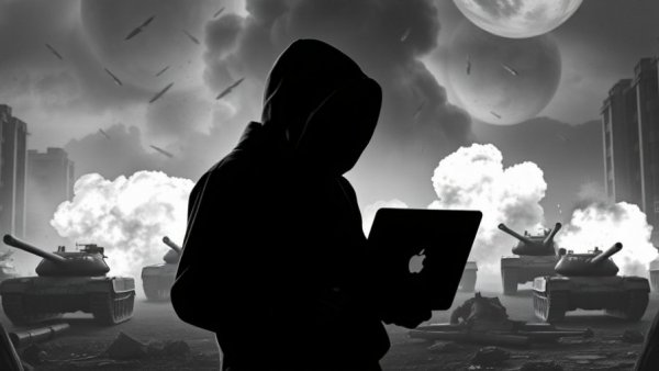 DDoS attacks concept art with a hacker in a warzone setting.