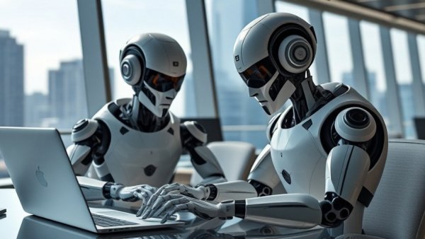 Futuristic humanoid robots working at laptops in a modern office