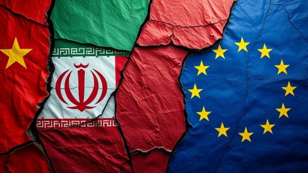Flags of Iran, China, EU on cracked wall representing sanctions.