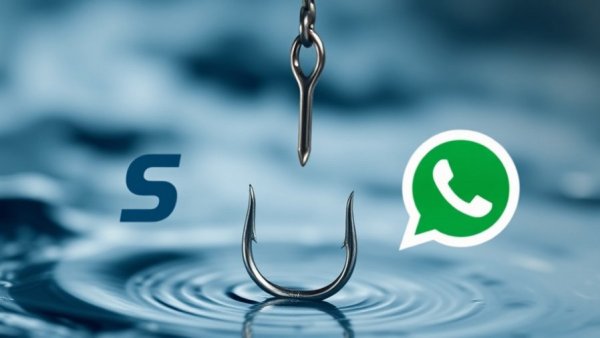 Russian hackers target Signal and WhatsApp with a fishing hook between app logos.