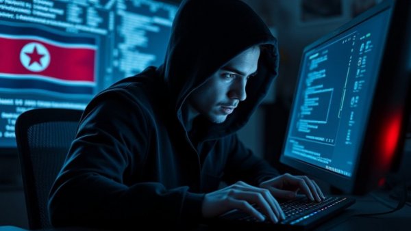 Mysterious male hacker typing with North Korean flag visible, digital blue lighting.