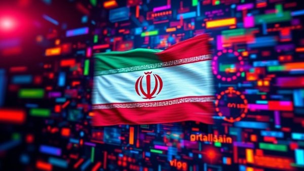 Digital glitch effect on Iranian flag, symbolizing cyber disruption.