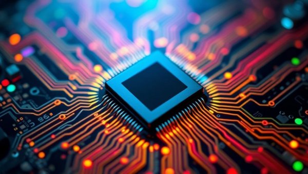 Geopolitics and AI in Cybersecurity symbolized by vibrant microchip.