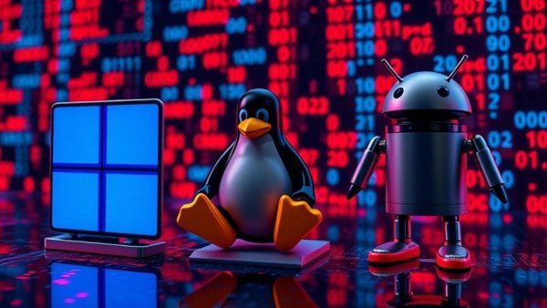 3D icons of Windows, Linux, macOS, and Android combatting multi-OS cyberattacks.
