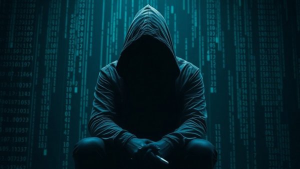 Hooded figure in cybersecurity setting with digital code backdrop.