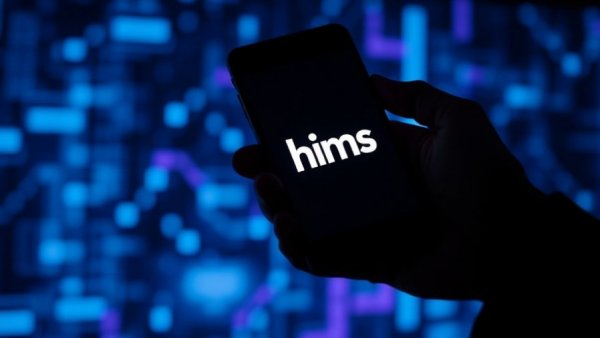 Hims logo on smartphone screen with digital data breach theme.