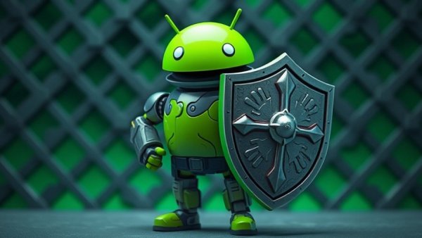 Cartoon Android robot with shield symbolizing Google Rust-based DNS Parser Security.