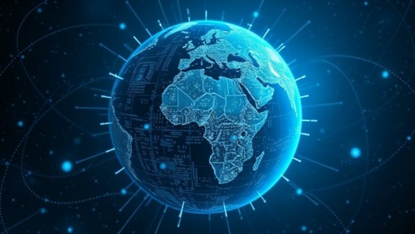 Futuristic quantum cryptography concept with Earth and icons, quantum risk management.