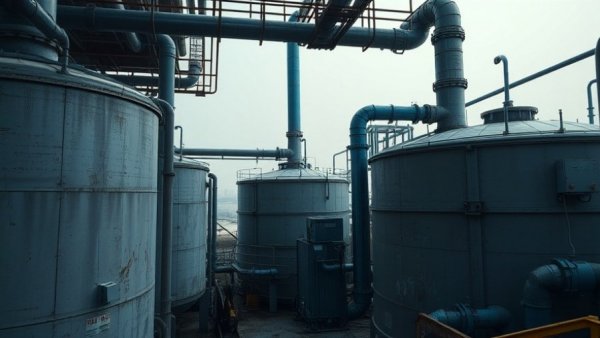 Industrial factory with metal tanks and blue pipes, indicating ZionSiphon Malware risk.