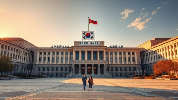 Iconic North Korean building with flag and photo in Seoul.