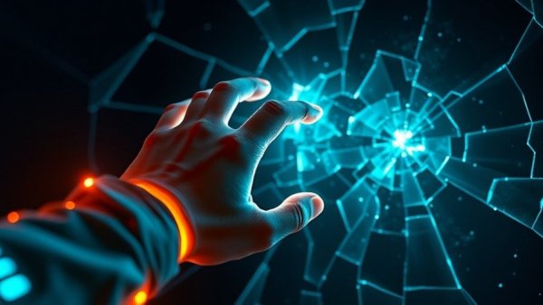 Futuristic hand touching digital cracks in zero-window cybersecurity era.