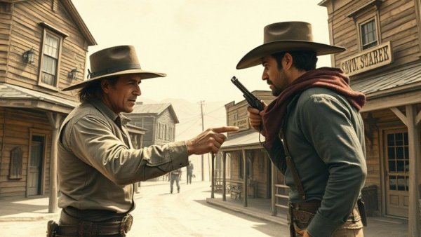 Vintage western showdown sketch depicting cowboy standoff in old town.