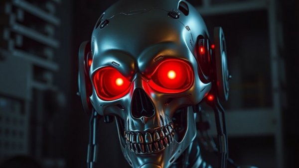 Futuristic metallic skull with glowing red eyes, custom hacking tools AI concept.