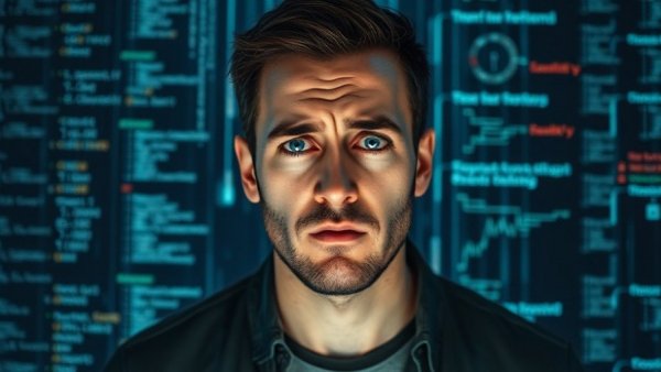 Concerned man with digital codes and cybersecurity threats.