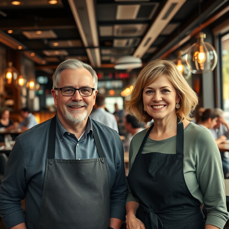 Upscale restaurant owners, a confident male and female, in a busy dining scene.