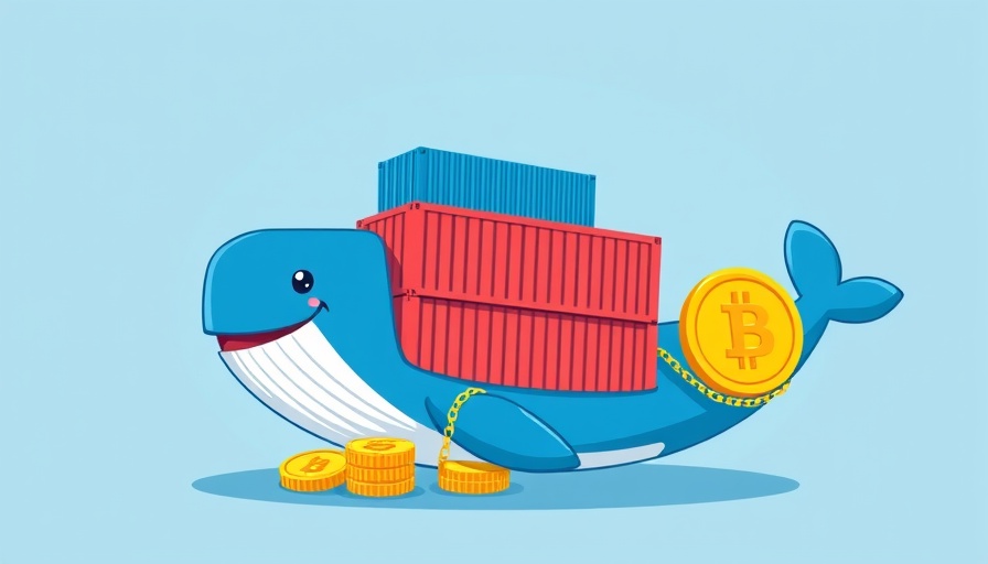Docker malware illustration with whale and cryptocurrency mining.