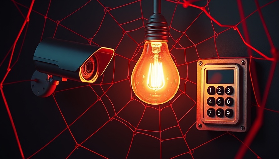 Stylized IoT vulnerabilities representation with bulb, camera, and keypad.