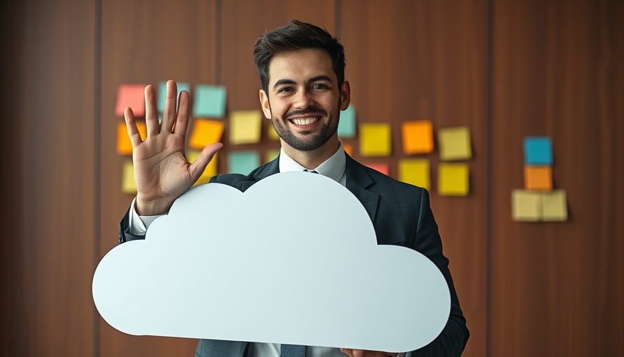 Confident man holding cloud cutout in office for cloud retail solutions.
