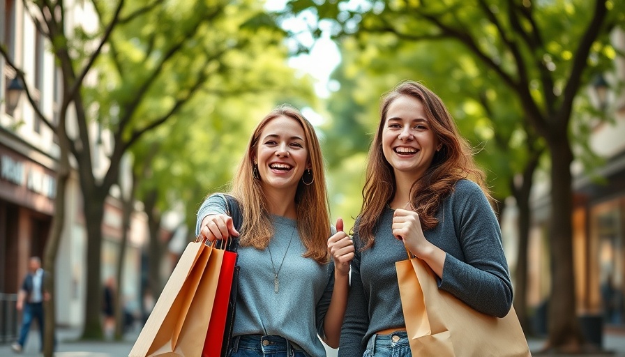 Two young women with shopping bags smiling in an urban street, Chinese consumer insights.