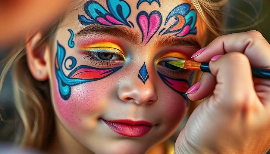Close-up of young girl with vibrantly painted face at an artistic event.