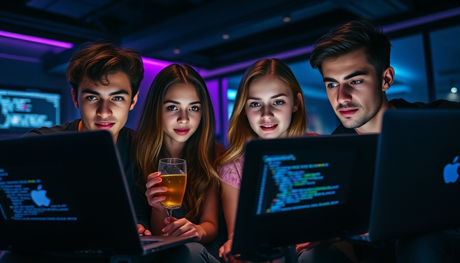 Gen Z individuals engaged with laptops and drinks reflecting cyber scam theme.